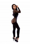 Sexy fishnet bodysuit with zip up front Catsuit stretch Black