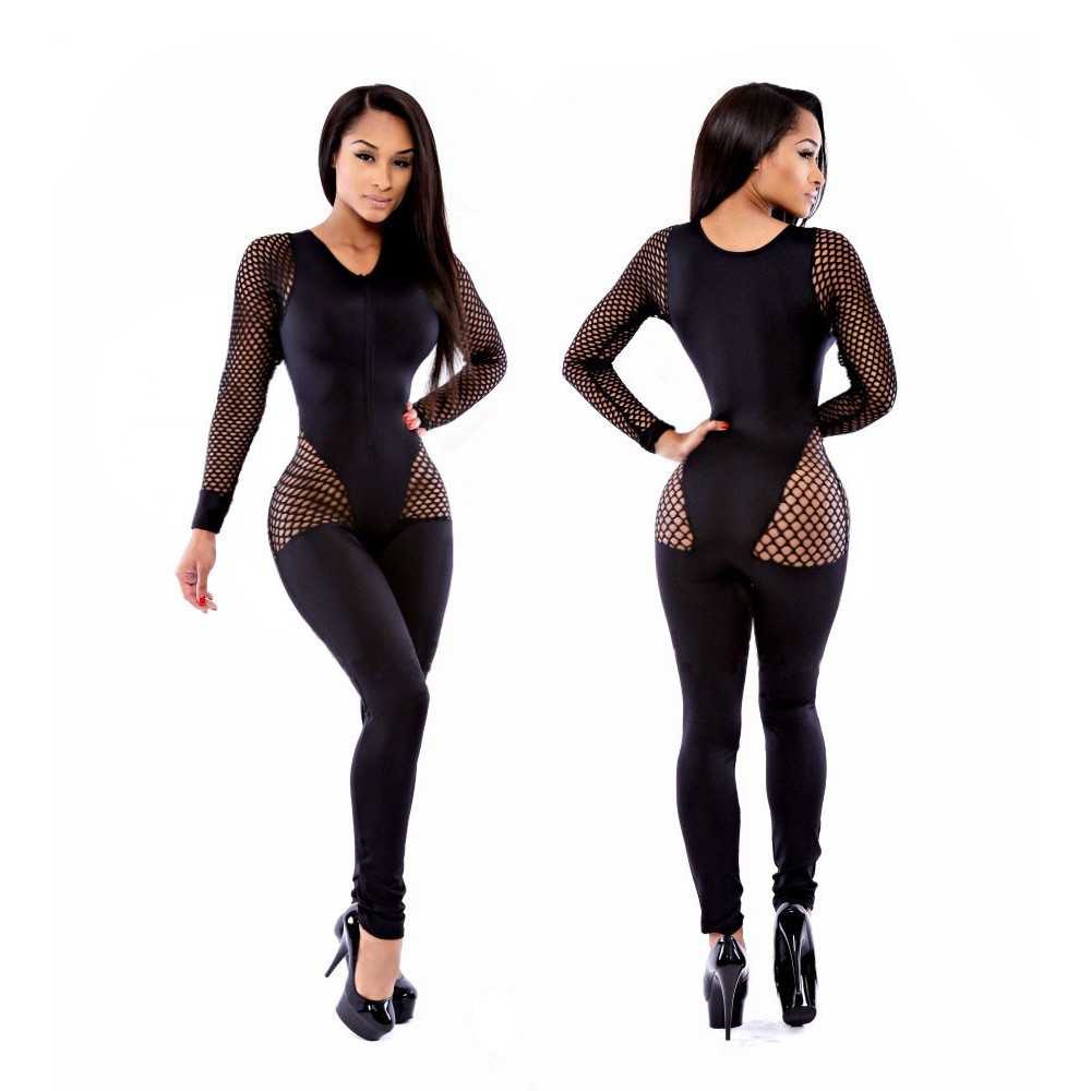 Sexy fishnet bodysuit with zip up front Catsuit stretch Black