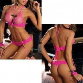 Sexy matching fishnet lingerie set with neckband and cuffs - One Size - Pink