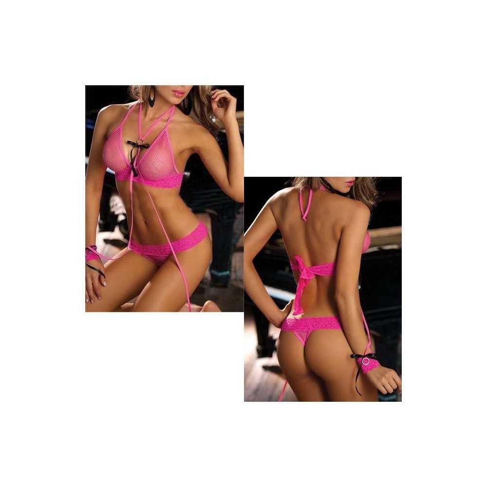 Sexy matching fishnet lingerie set with neckband and cuffs - One Size - Pink