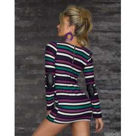 Sexy long sleeved mini dress with small multicoloured stripes
