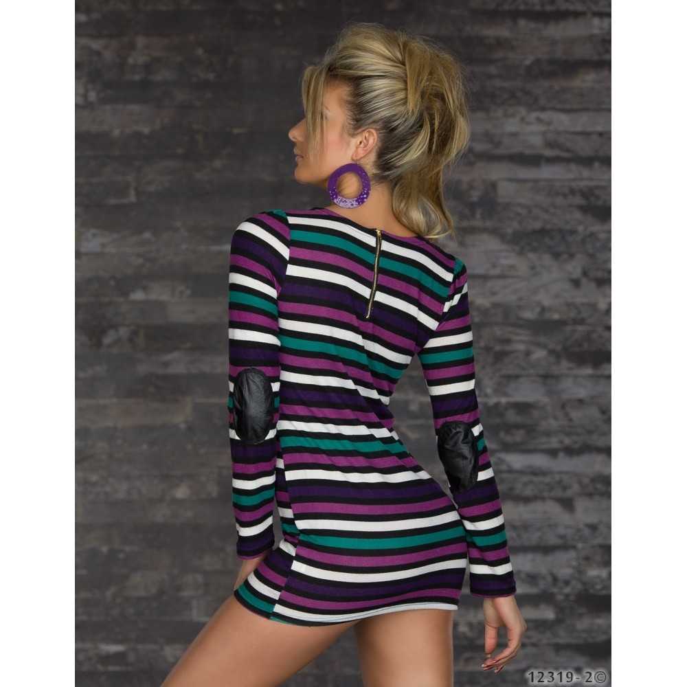 Sexy long sleeved mini dress with small multicoloured stripes