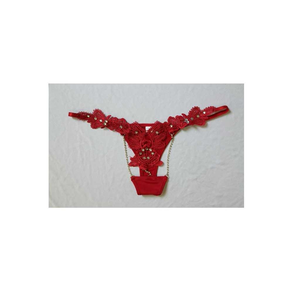 Sexy open red mini thong with embroidered flowers and rhinestones