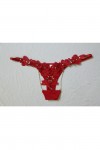 Sexy open red mini thong with embroidered flowers and rhinestones