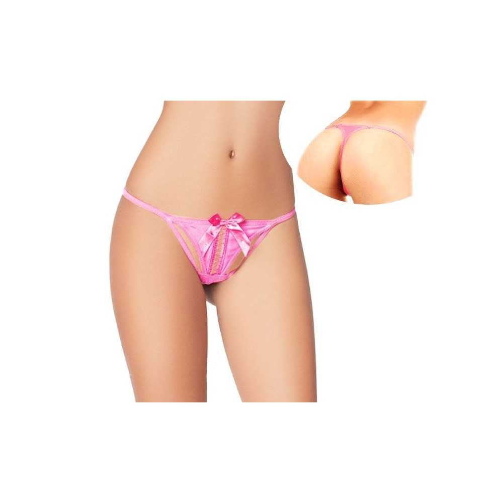 Sexy thong with satin bow and rhinestone detail Pink