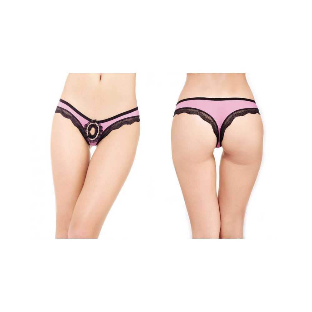 Sexy thong with lace trim and peephole Black and Pink One Size