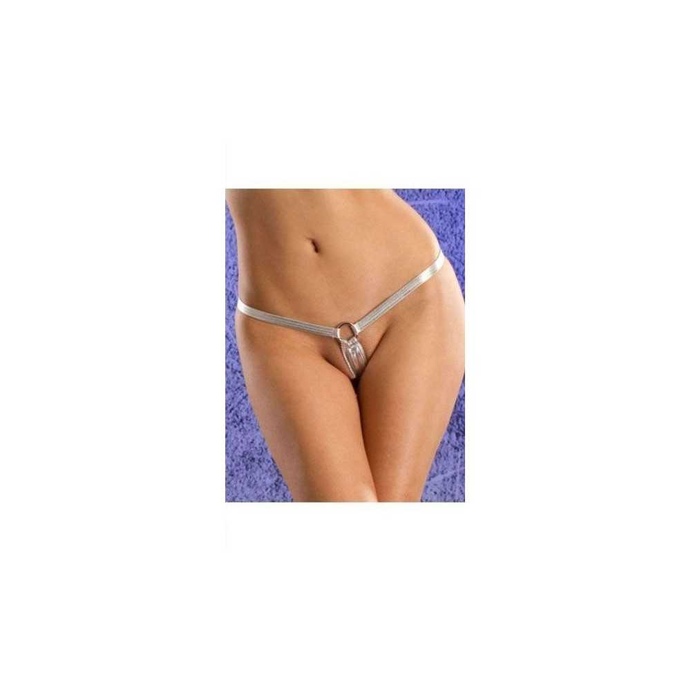 Intriguing mini G-string silver colour with metallic rings