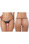 Sexy Black open crotch floral lace G-string with rhinestones