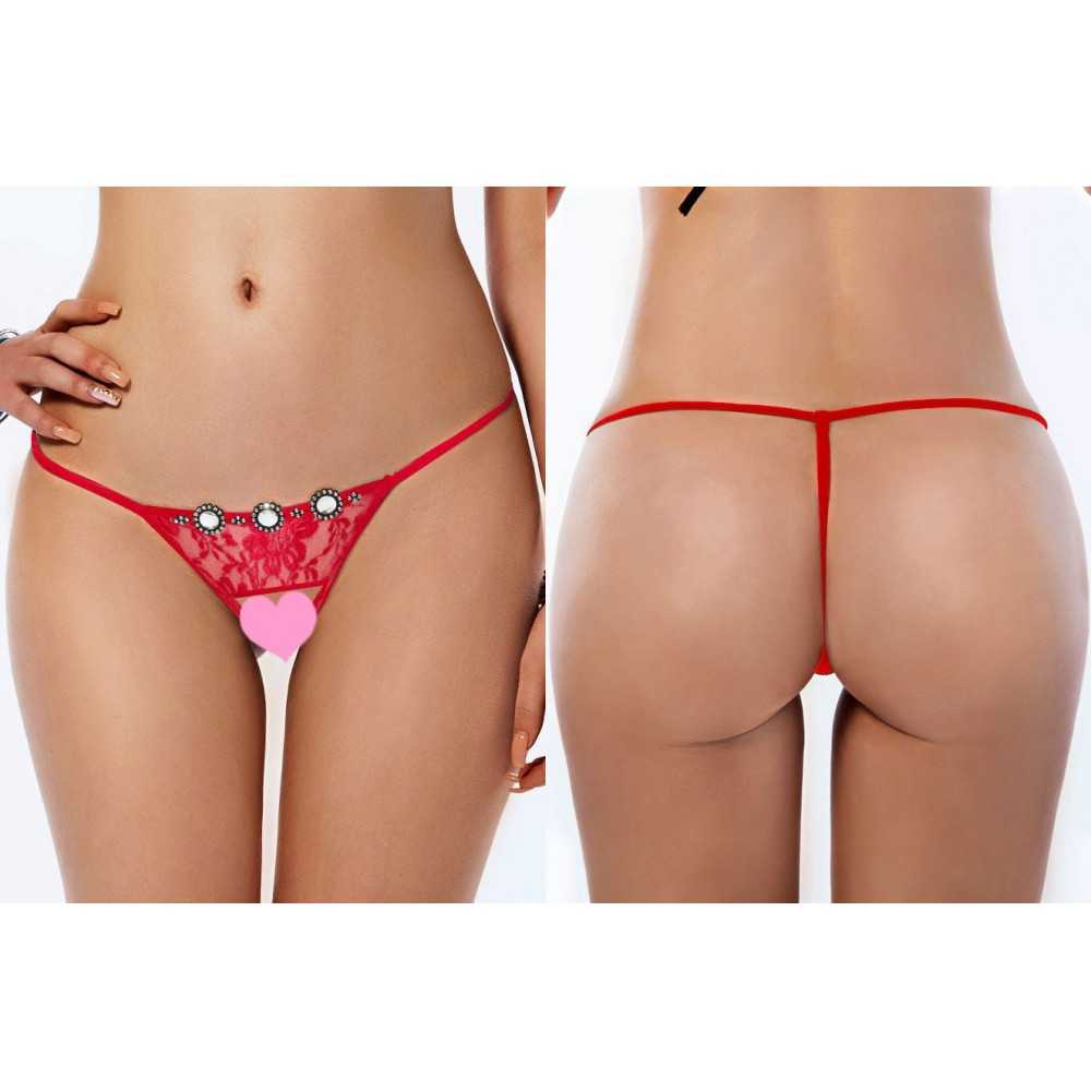 Sexy open crotch floral lace G-string with rhinestones Red Size M