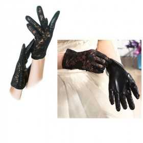 Sexy black satin and floral lace gloves