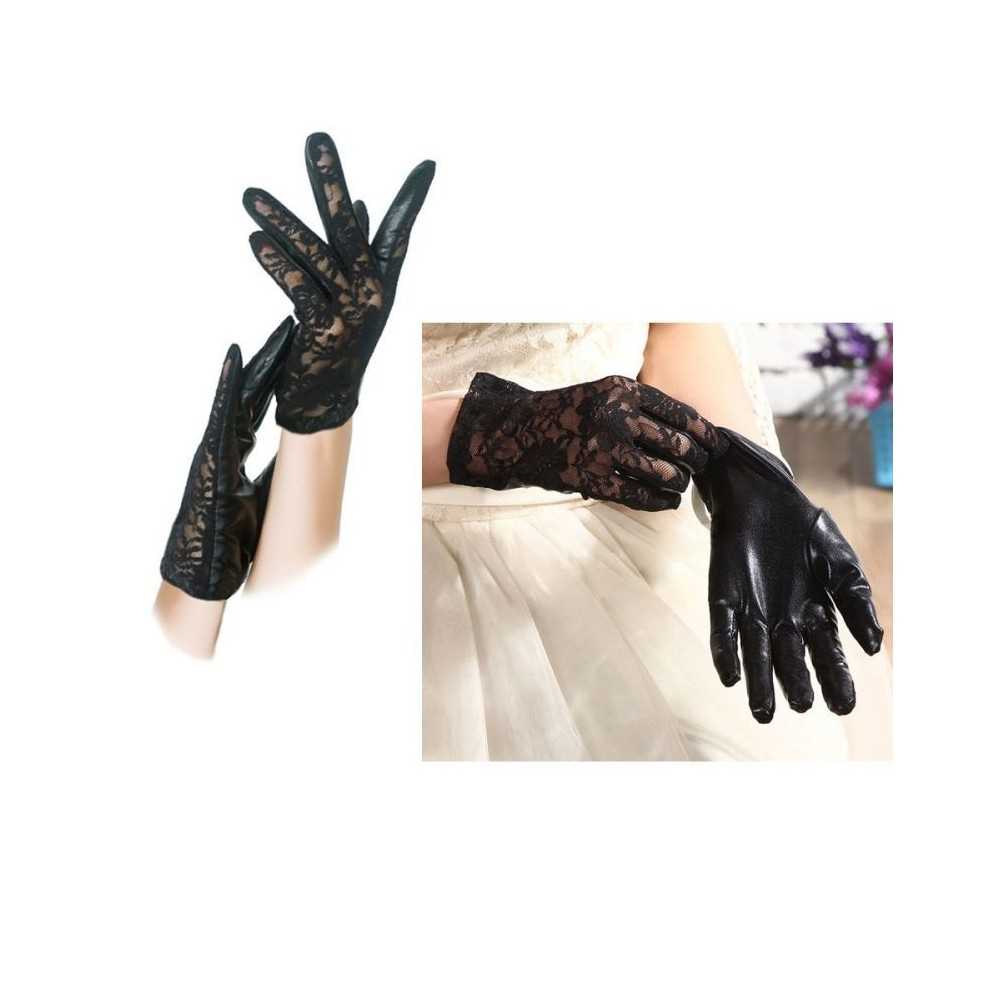 Sexy black satin and floral lace gloves