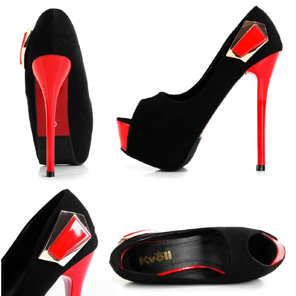 Scarpe tacco alto sexy spuntate con plateau e fibbia 15cm Nero/Rosso Kvoll