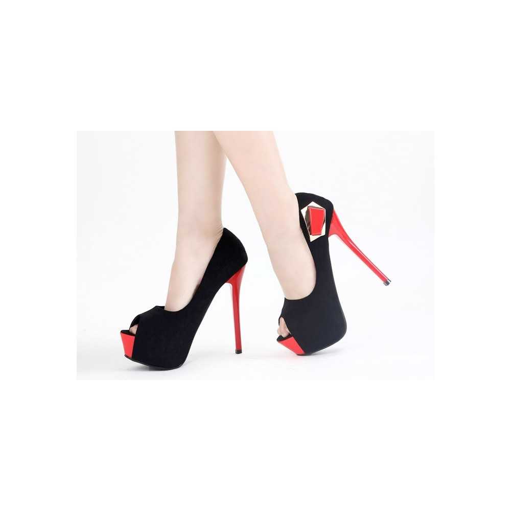 Scarpe tacco alto sexy spuntate con plateau e fibbia 15cm Nero/Rosso Kvoll