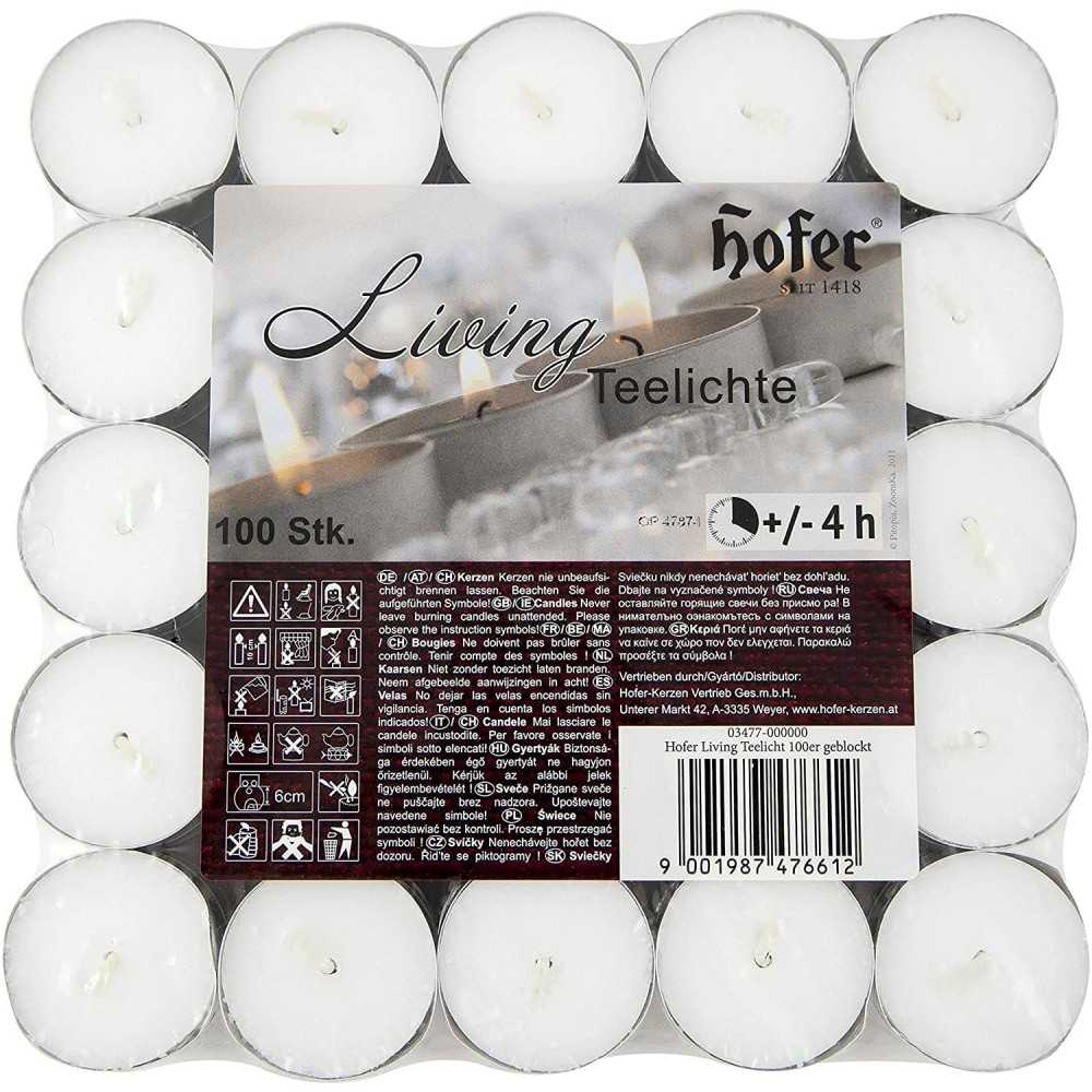 Hofer Living Tealight Candele Lumini Non profumati 4h 100Pz Bianco