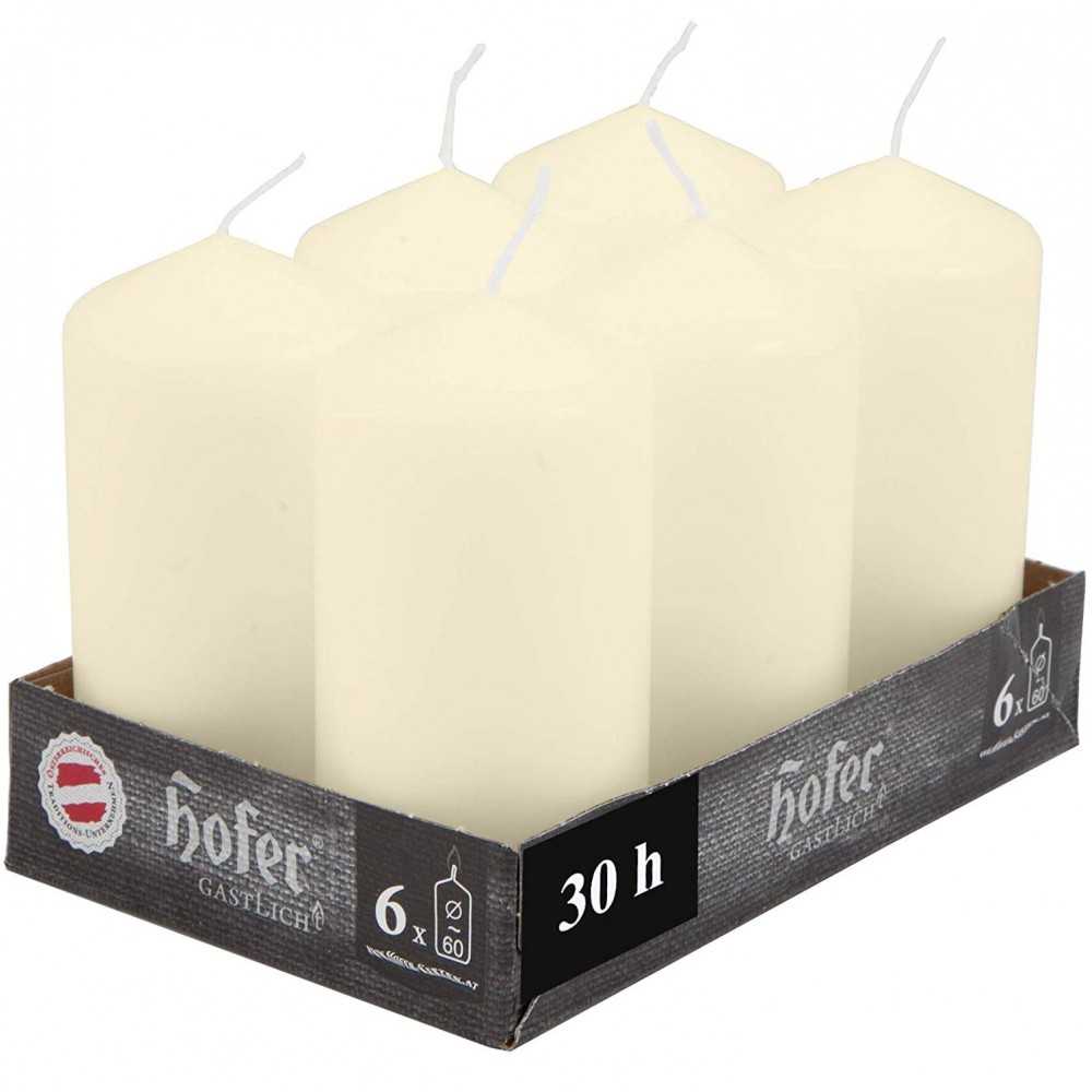 Hofer Large Cylindrical Candles 6x12cm Set of 6 Candles 30h Ivory