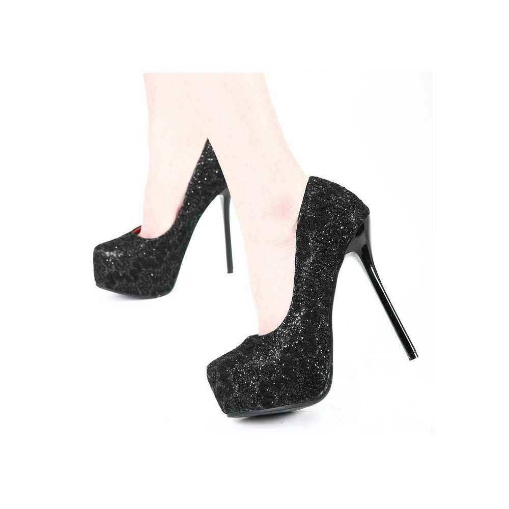 Scarpe tacco alto sexy decolettè rivestite con pizzo Tacco 13.5cm Plateau 4cm Nero