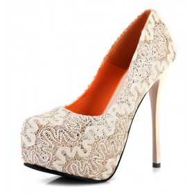 Lace Pumps 13.5cm Heel 4cm Wedge Cream