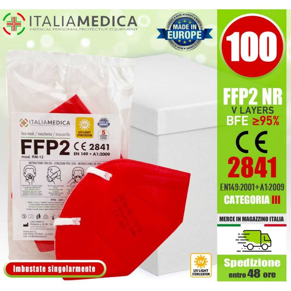 100 Italiamedica RED FFP2 PPE Masks CE2841 Certified Cat.III Made in EU