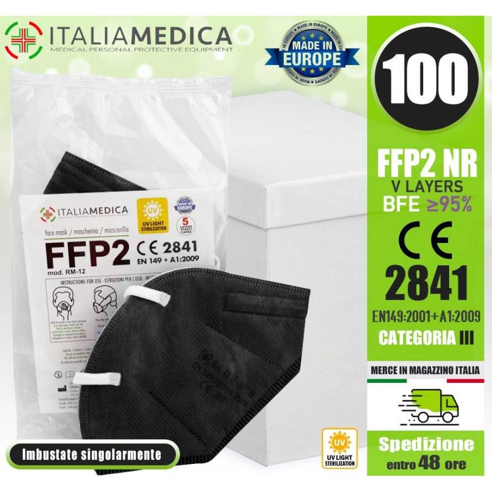 100 Italiamedica BLACK FFP2 PPE Masks CE2841 Certified Cat.III Made in EU