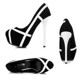 Black high heel suede platform pumps with white stripes 14cm Heel 4.5cm Platform Kvoll