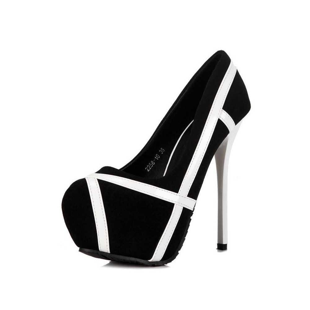 Black high heel suede platform pumps with white stripes 14cm Heel 4.5cm Platform Kvoll