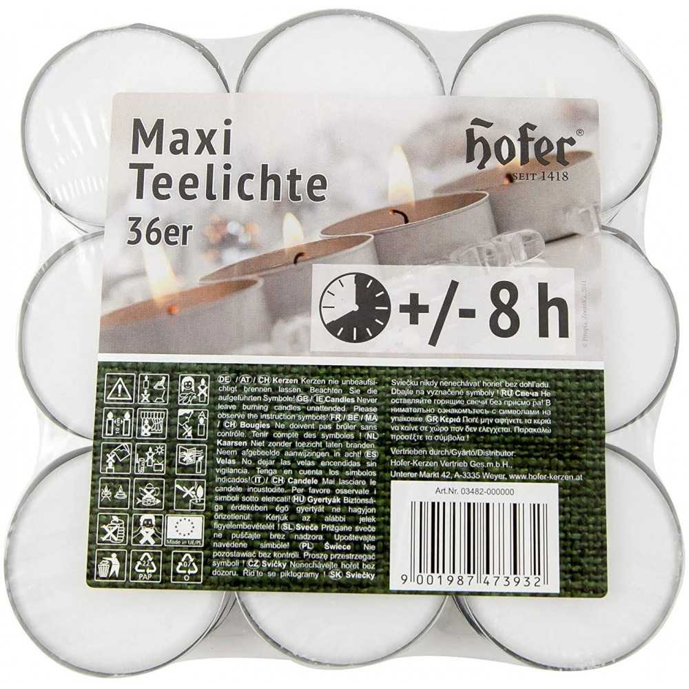 Hofer Maxi Tealight Candele Lumini Non profumati 8h 57mm 36Pz Bianco