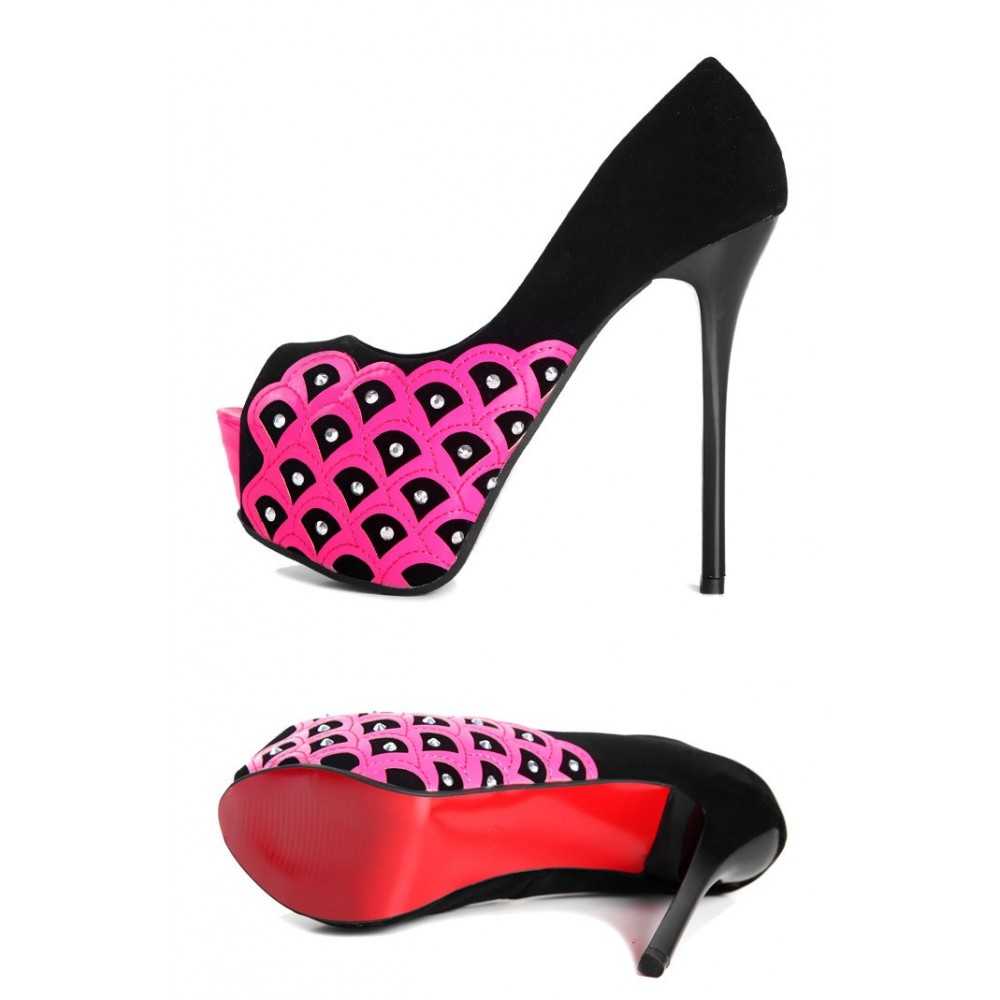 Peep toe platform shoes 13.5cm Heel 5cm Platform Colour Black and Fuchsia