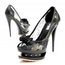 Peep toe platform shoes with bow 14cm Heel 4cm Platform Black and Gold Lace