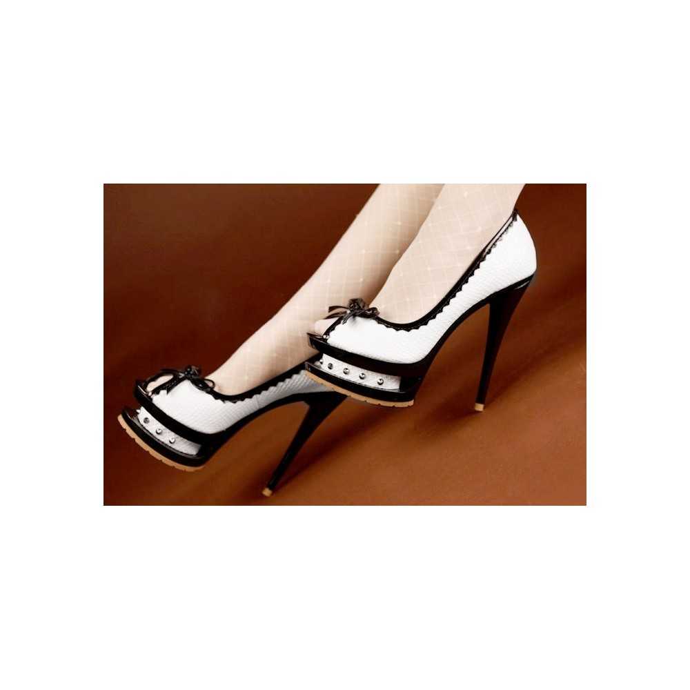 Scarpe tacco alto sexy spuntate con fiocco Tacco 14cm Plateau 4cm Bianco Nero