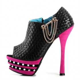 Peep toe platform ankle boots with chains 14cm Heel 4cm Platform Black and Fuchsia