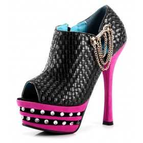 Peep toe platform ankle boots with chains 14cm Heel 4cm Platform Black and Fuchsia