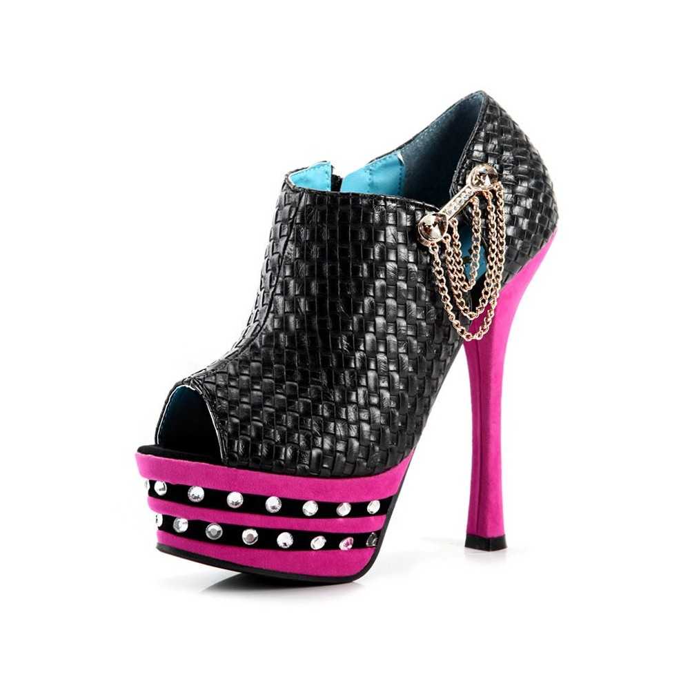 Peep toe platform ankle boots with chains 14cm Heel 4cm Platform Black and Fuchsia