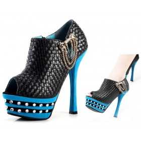 Peep toe platform ankle boots with chains 14cm Heel 4cm Platform Black and Blue