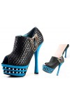 Peep toe platform ankle boots with chains 14cm Heel 4cm Platform Black and Blue