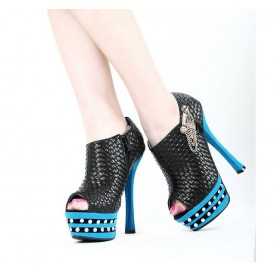 Peep toe platform ankle boots with chains 14cm Heel 4cm Platform Black and Blue