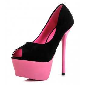 Peep toe platform shoes 15cm Heel 5cm Platform Black/Fuchsia Kvoll