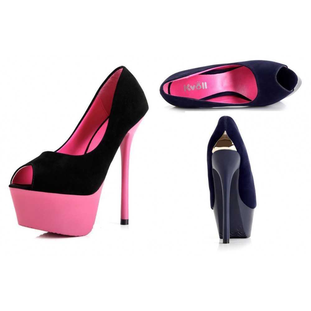 Scarpe tacco alto sexy spuntate con plateau Tacco 15cm Plateau 5cm Nero/Fucsia Kvoll