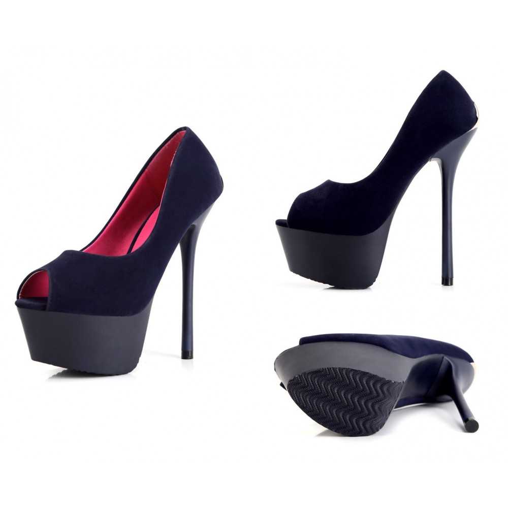 Scarpe tacco alto sexy spuntate con plateau e fibbia Tacco 15cm Plateau 5cm Blu Kvoll