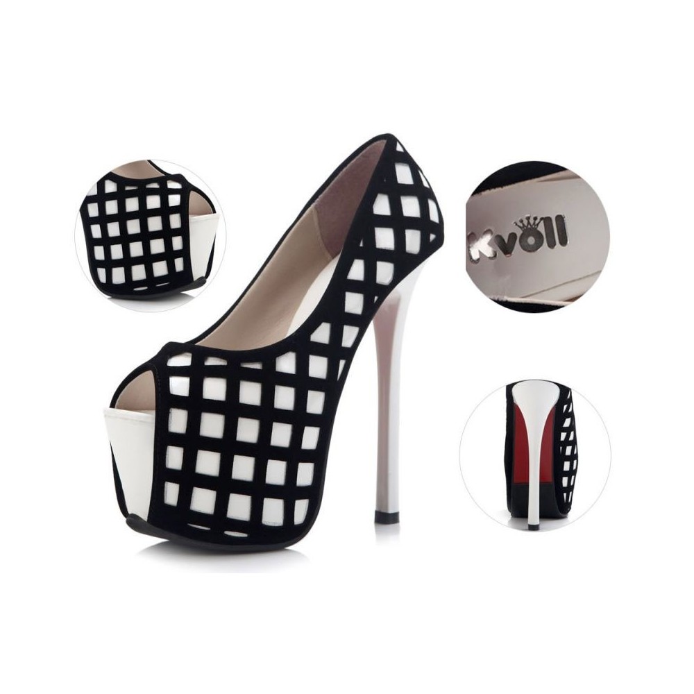 Suede peep toe platform shoes with stiletto heels15.3cm Heel 6cm Platform Black/White Kvoll