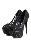 Scarpe tacco alto sexy spuntate in tulle ricamato Tacco a spillo 14.5cm Plateau 7.5cm Nero Kvoll