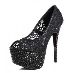 Peep toe platform shoes with stiletto heels 14.5cm Heel 7.5cm Platform Black Kvoll