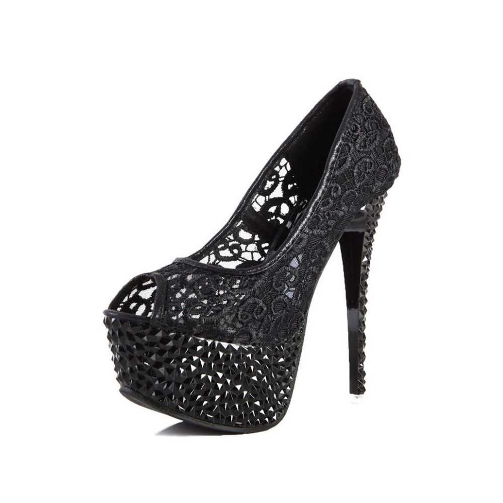 Scarpe tacco alto sexy spuntate in tulle ricamato Tacco a spillo 14.5cm Plateau 7.5cm Nero Kvoll