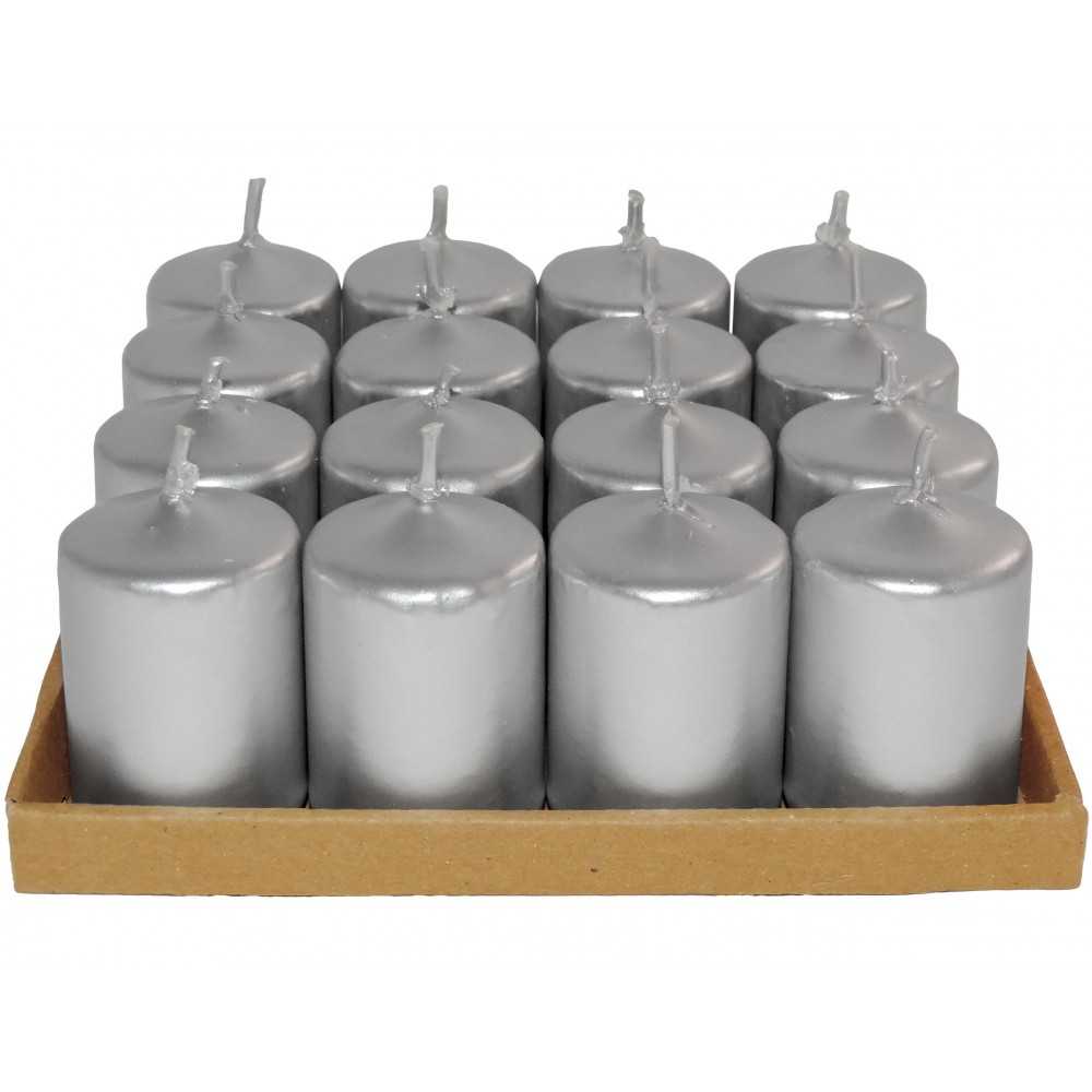 HotStar Unscented Candles Metallic Silver 16 Pcs Pillar Duration 6 Hours 35x50 mm