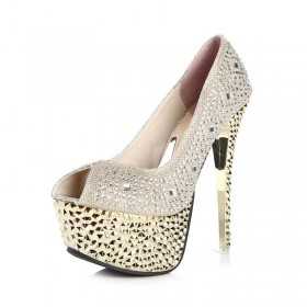 Rhinestone peep toe platform shoes with pyramid studs 15cm Heel 6cm Platform Gold Kvoll