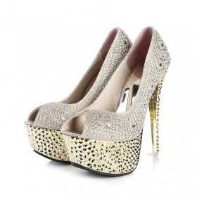 Rhinestone peep toe platform shoes with pyramid studs 15cm Heel 6cm Platform Gold Kvoll