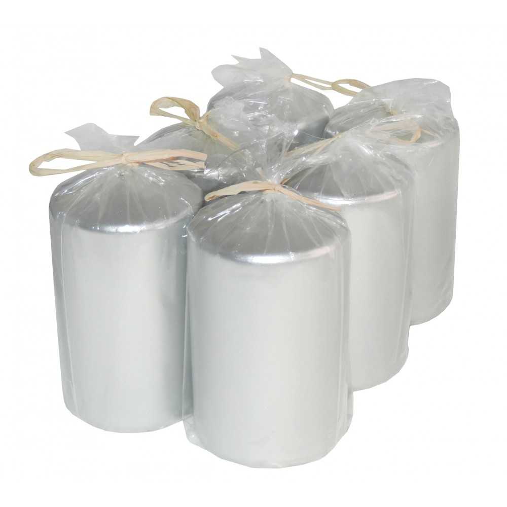 HotStar Metallic Silver Candles Pillars 6 Pcs Burning 30 Hours 60x100 mm Unscented