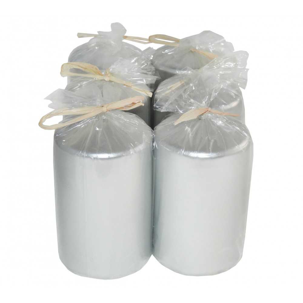 HotStar Metallic Silver Candles Pillars 6 Pcs Burning 30 Hours 60x100 mm Unscented