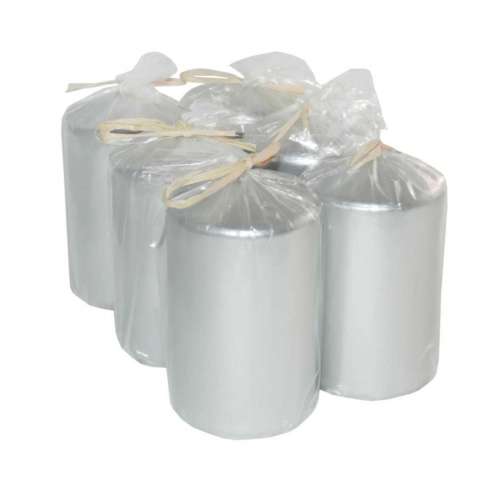 HotStar Metallic Silver Candles Pillars 6 Pcs Burning 30 Hours 60x100 mm Unscented