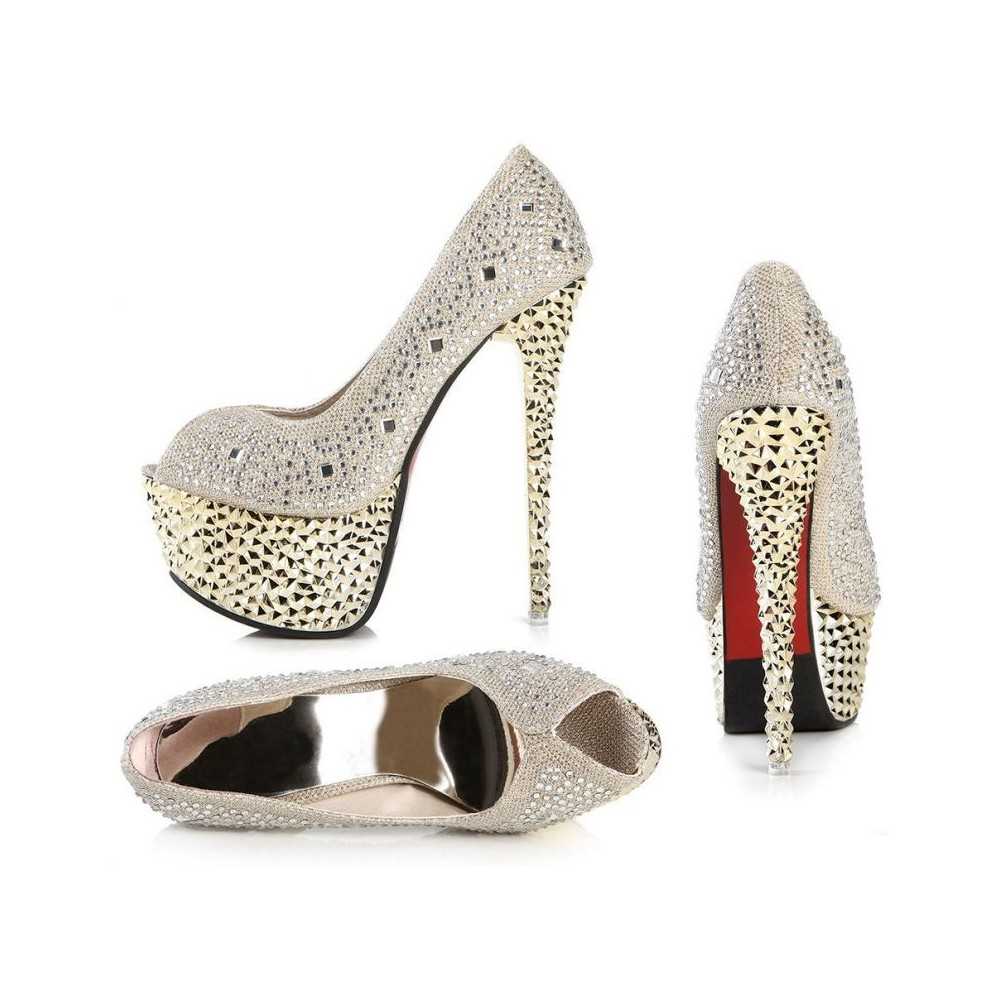 ﻿﻿Scarpe tacco alto sexy spuntate con strass e borchie Tacco 15cm Plateau 6cm Oro Kvoll