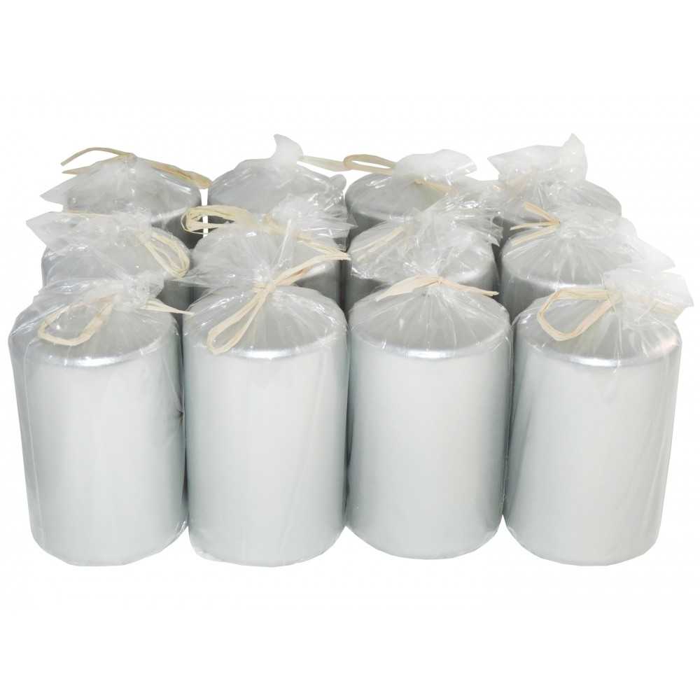 HotStar Metallic Silver Candles Pillars 12 Pcs Burning 30 Hours 60x100 mm Unscented